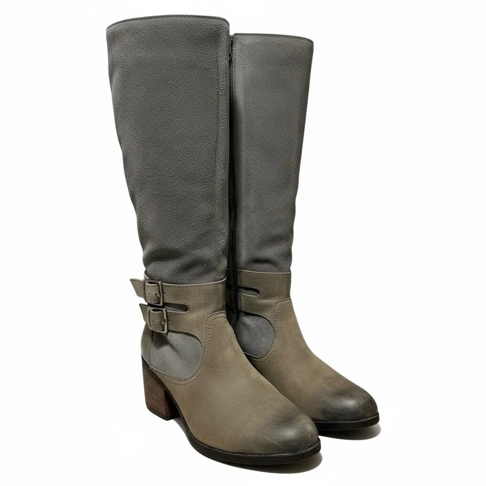 Sorel Lolla II Tall Quarry Gray Suede Knee High Double Buckle Zip Up Heel Boots